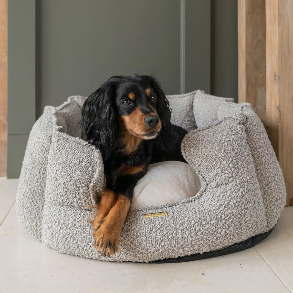 Lords & Labradors mink boucle high wall dog bed with supportive padded walls and removable inner pillow