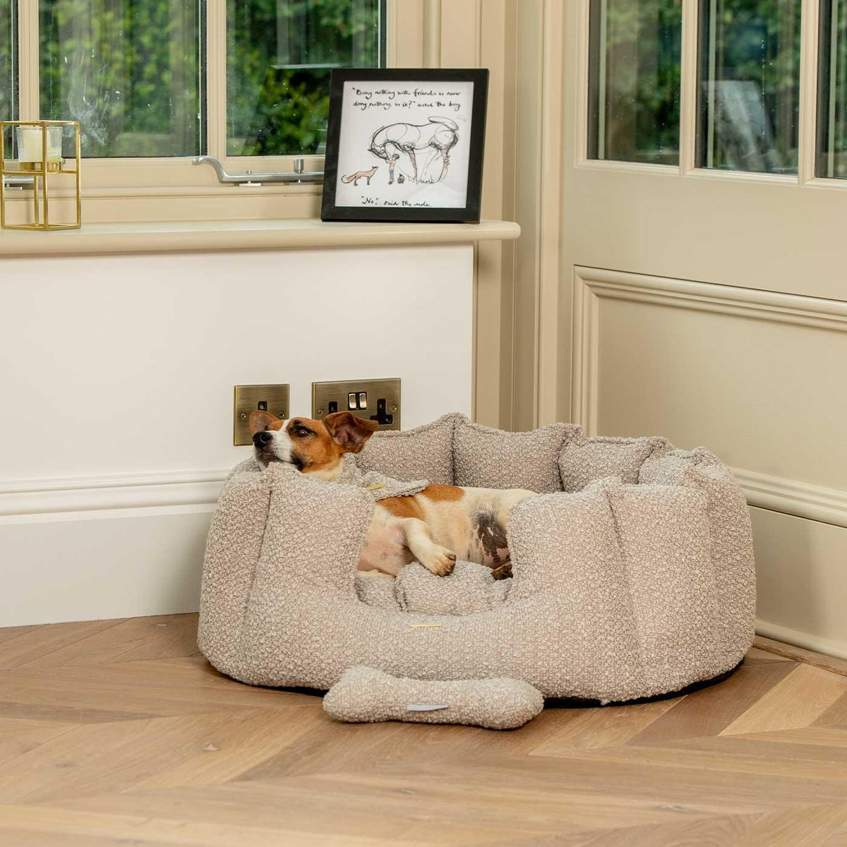 Lords & Labradors mink boucle high sided dog bed with dog lying comfortably indoors