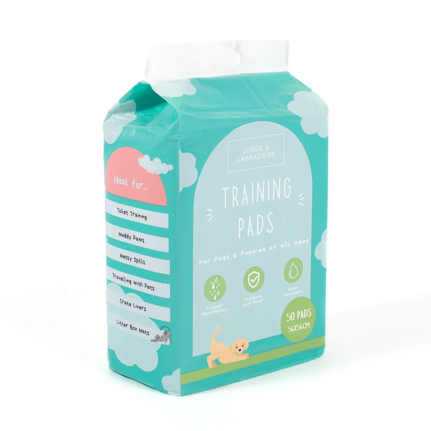 Side view of Lords & Labradors Puppy Training Pads packaging