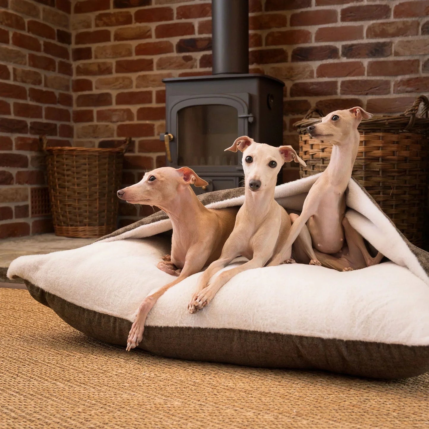 Italian greyhounds relaxing inside a Lords & Labradors Sleepy Burrows dog bed in a living room setting.