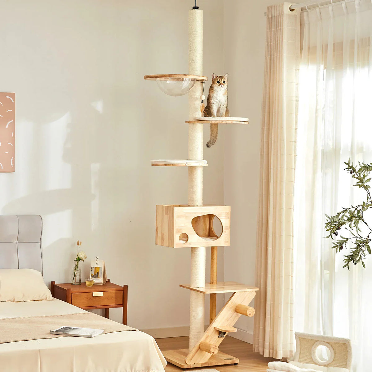 Lords & Labradors floor to ceiling play centre for cats in a bedroom with platforms, hammock and hideaway