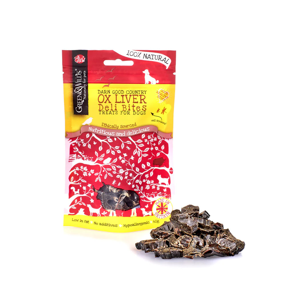 Packaged natural dog treat with visible liver pieces on a white background