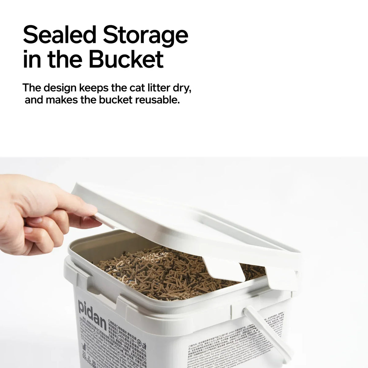 pidan 3-in-1 cat litter stored in its resealable bucket