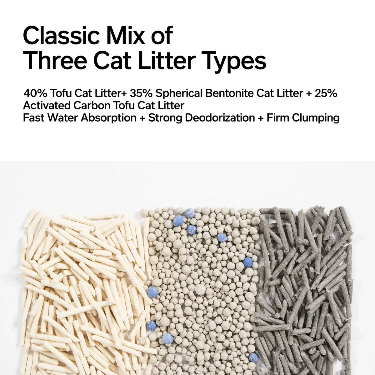 pidan 3-in-1 cat litter graphic showing the three litter types in the blend