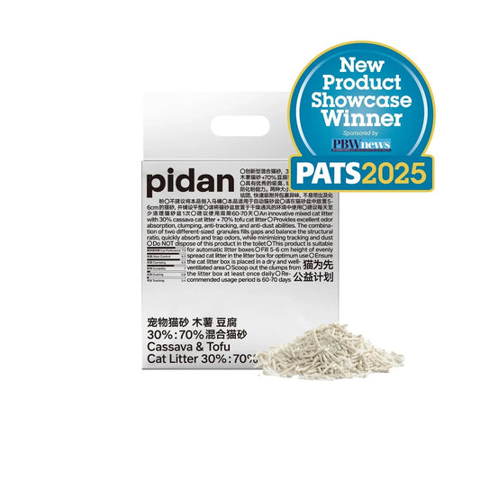 pidan Cassava & Tofu Clumping Cat Litter packaging with loose litter