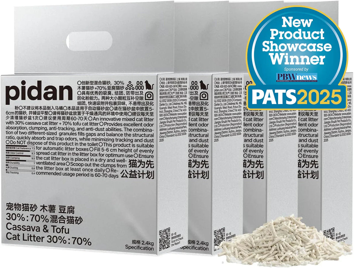 Four bags of pidan Cassava & Tofu Clumping Cat Litter with loose litter