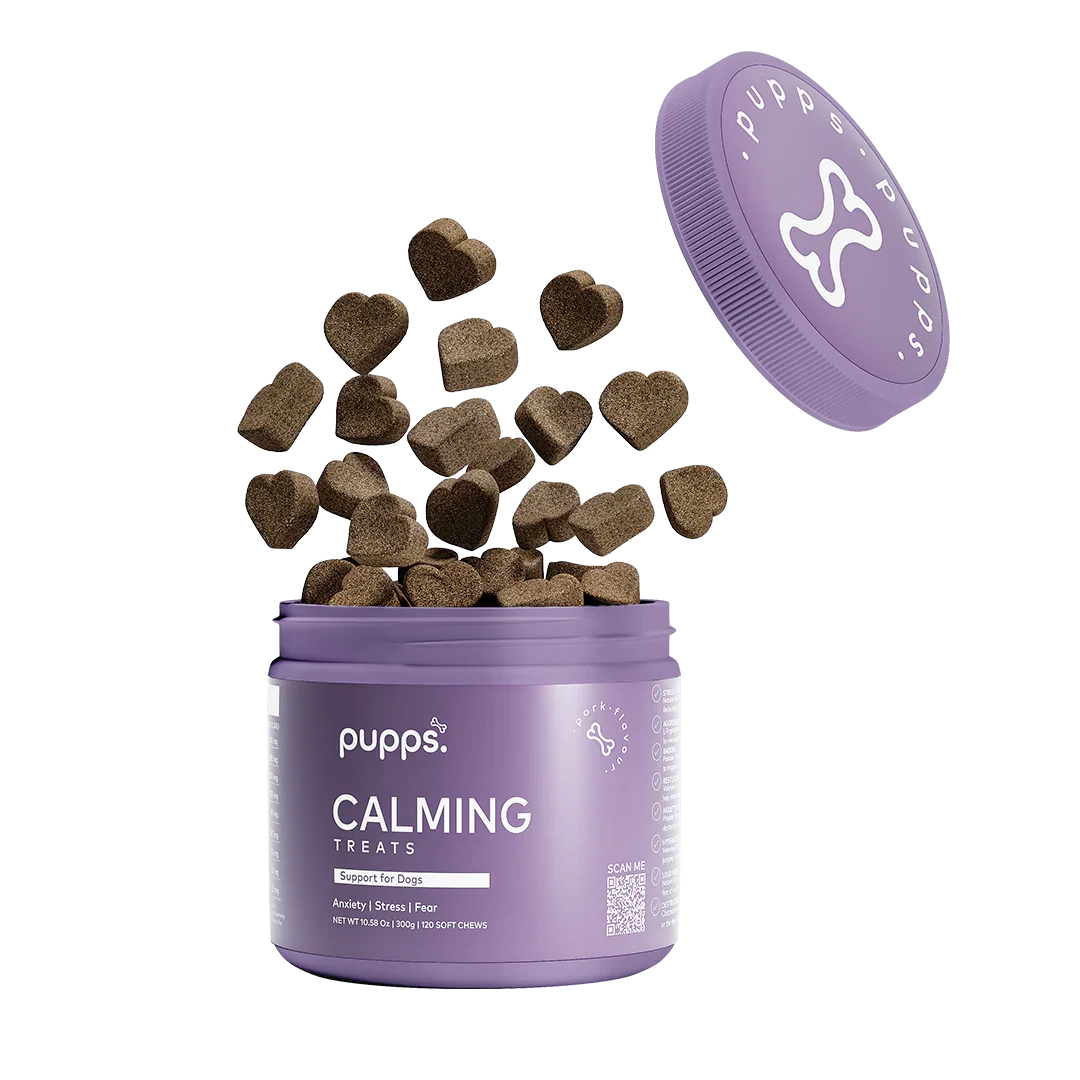 Tub of Pupps calming treats for dogs with soft calming chews