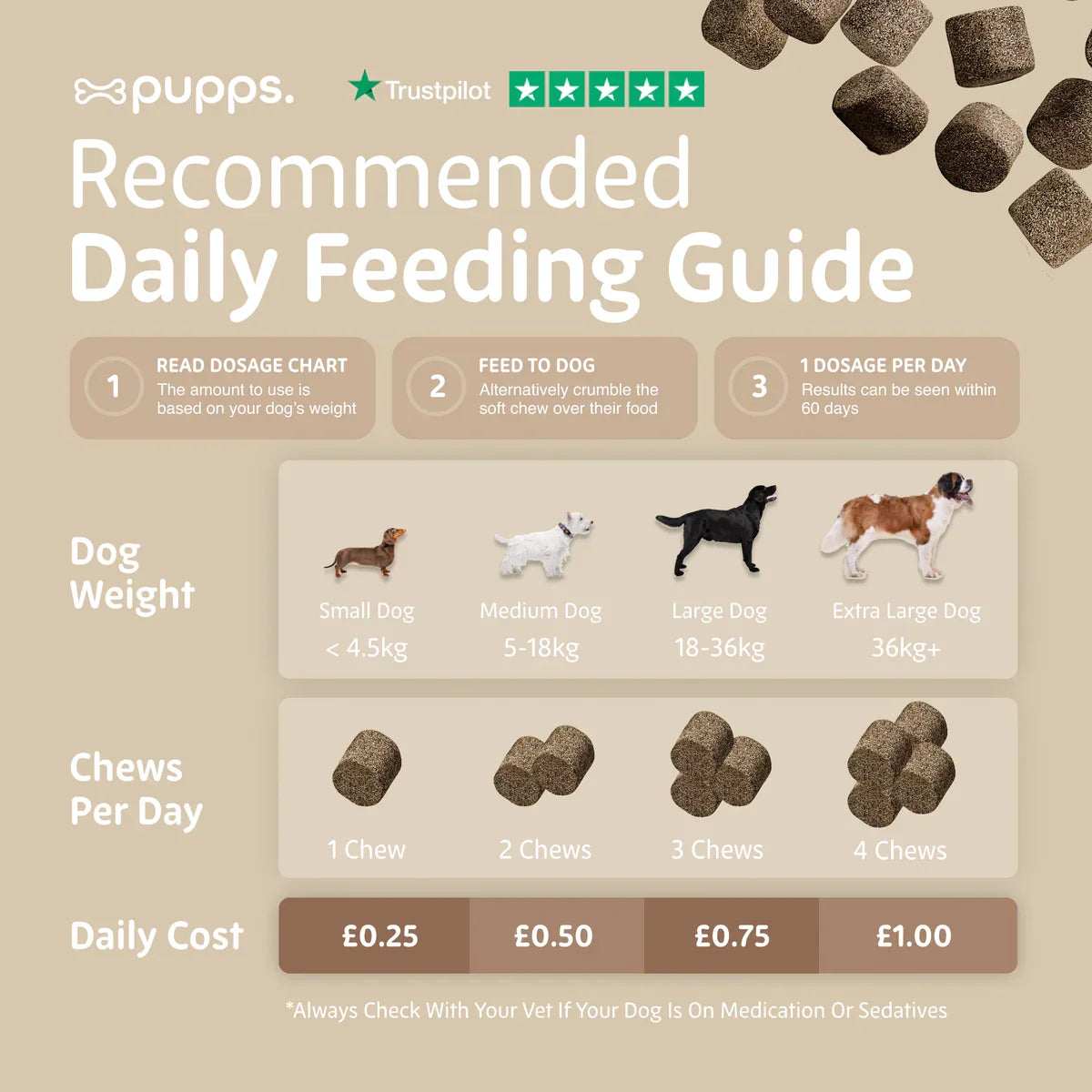 Daily feeding guide for multivitamin supplement chews for dogs