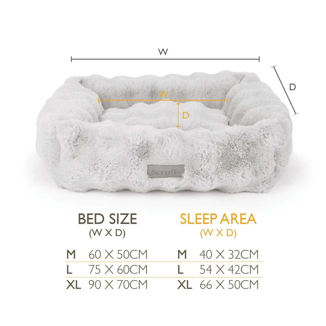 Scruffs Alpine bolster dog bed size guide showing medium large and extra large dimensions