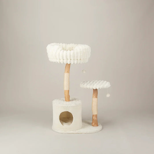 Scruffs Alpine Colorado cream cat tree showing raised bed, mid perch, and enclosed cave