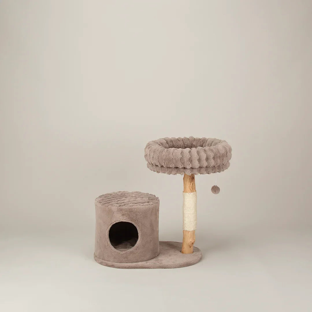 Taupe Scruffs Alpine Himalayas cat tree showing cave base and scratching post