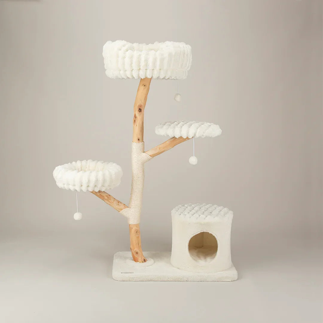 Scruffs Alpine Pyrenees Cat Tree in Cream with three raised beds, climbing platforms, sisal scratching post, and cave hideaway