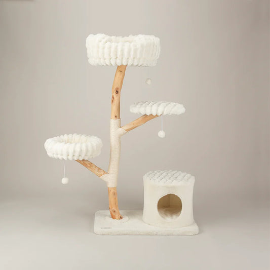 Scruffs Alpine Pyrenees Cat Tree in Cream with three raised beds, climbing platforms, sisal scratching post, and cave hideaway