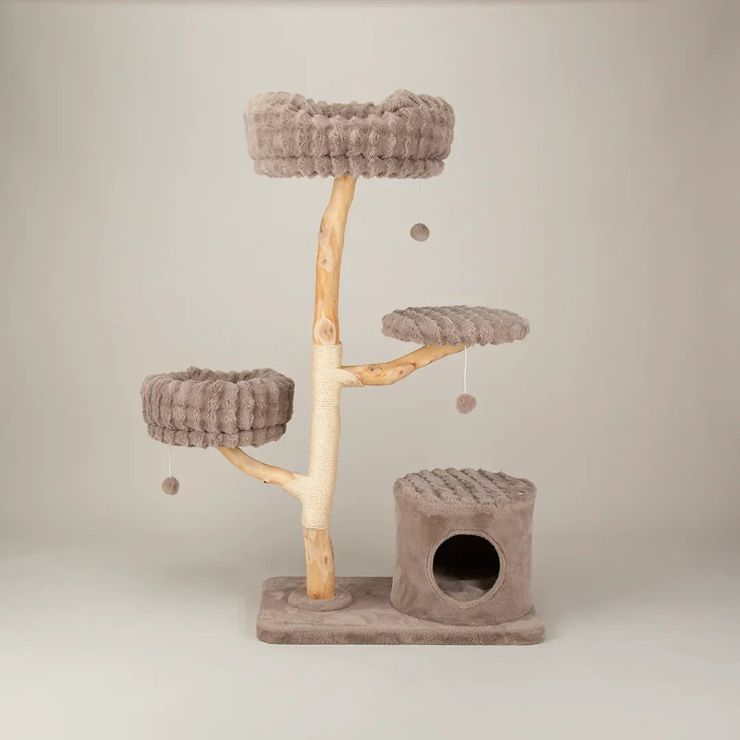 Scruffs Alpine Pyrenees Cat Tree in Taupe showing full structure with three levels, plush beds, and enclosed cave