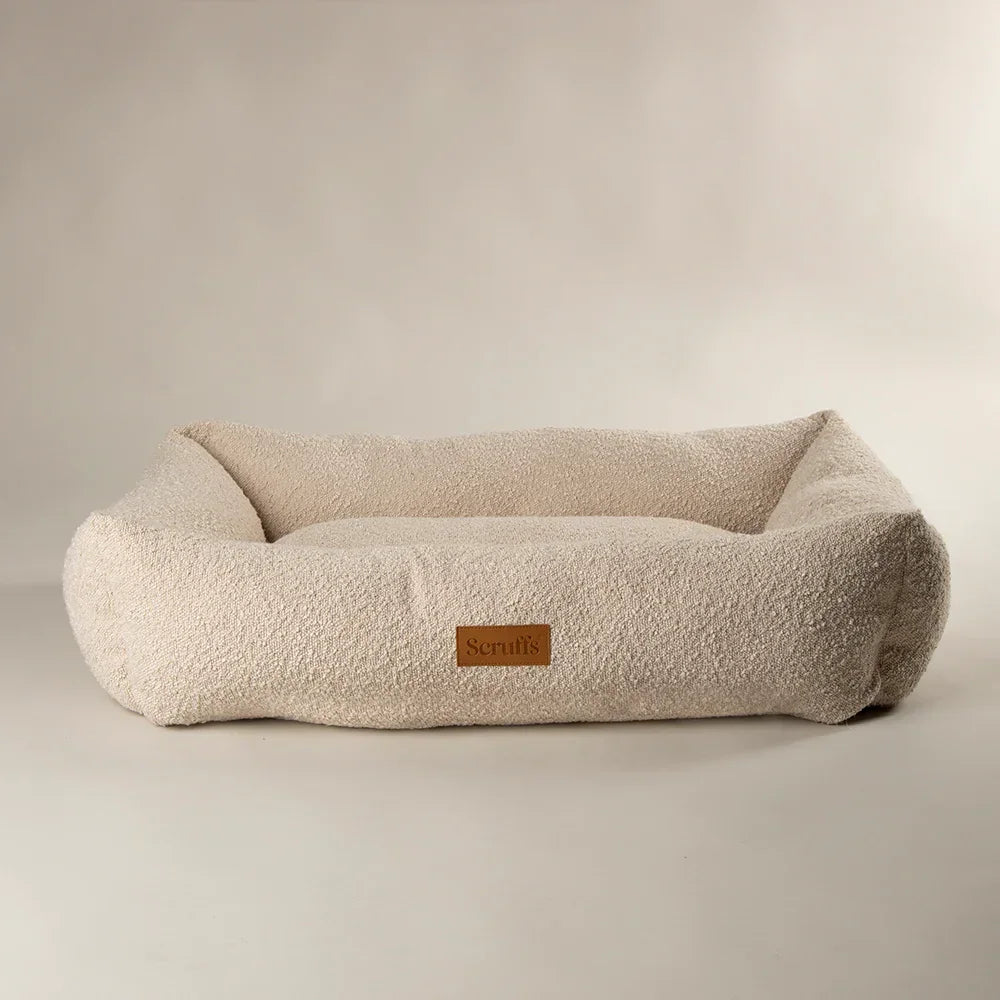 Scruffs Boucle Box Dog Bed in ivory with high supportive walls and plush interior