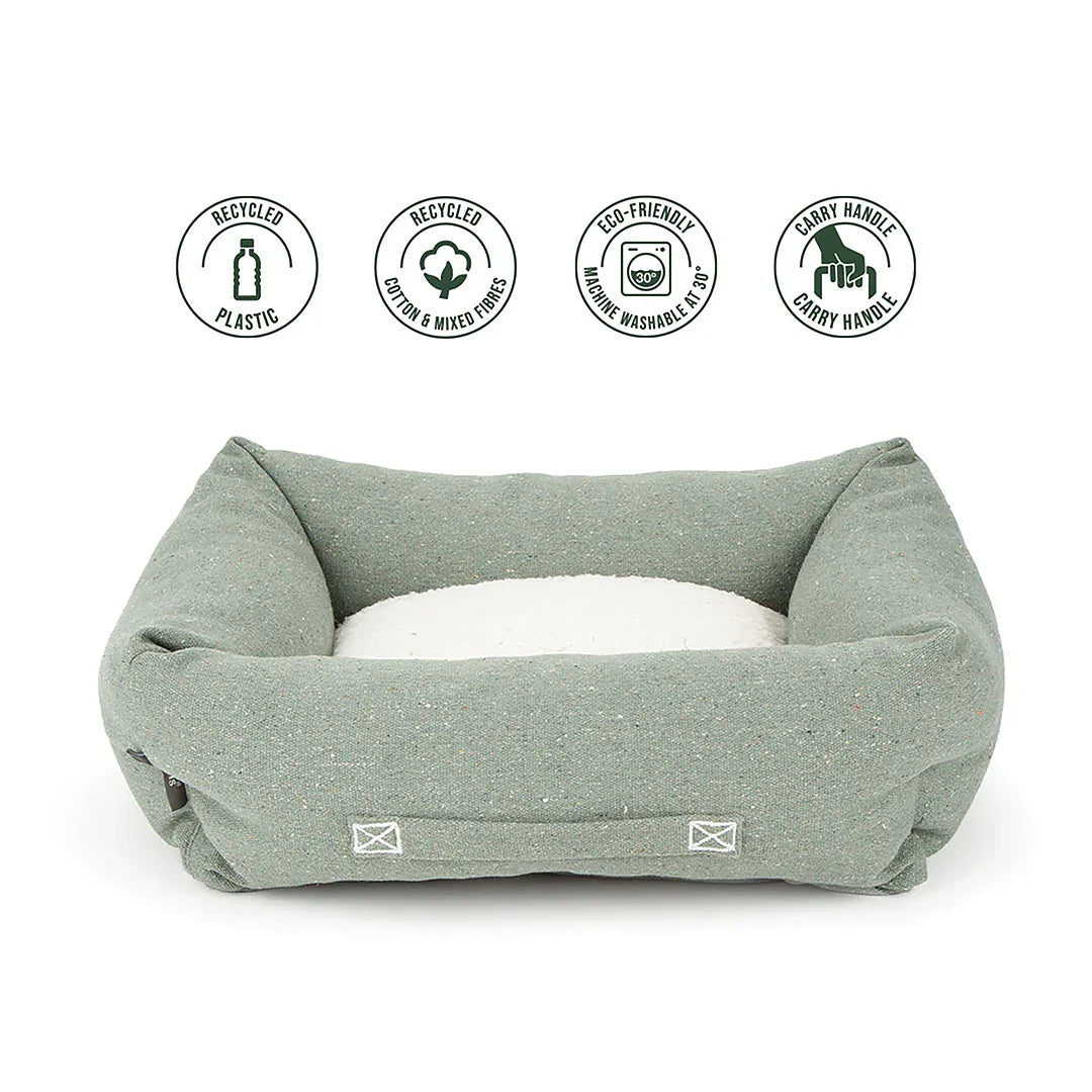 Scruffs Eden box dog bed sage green with recycled materials and machine washable design icons