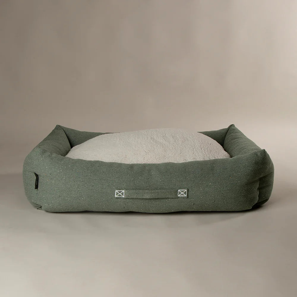 Scruffs Eden box dog bed in sage green with recycled cotton outer and sherpa sleep area