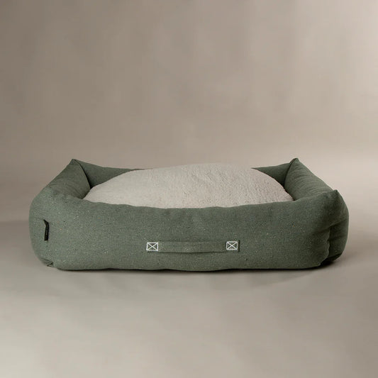 Scruffs Eden box dog bed in sage green with recycled cotton outer and sherpa sleep area