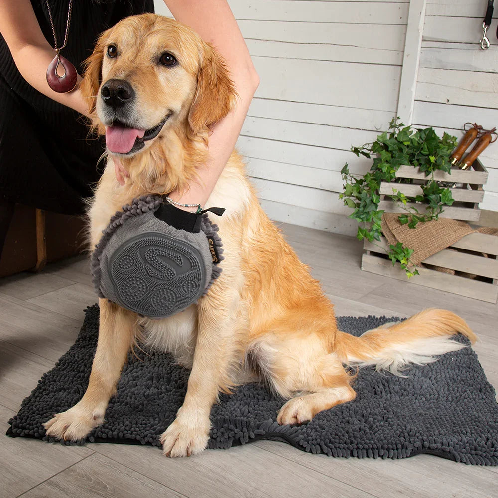 Dog being dried with a super absorbent drying mitt