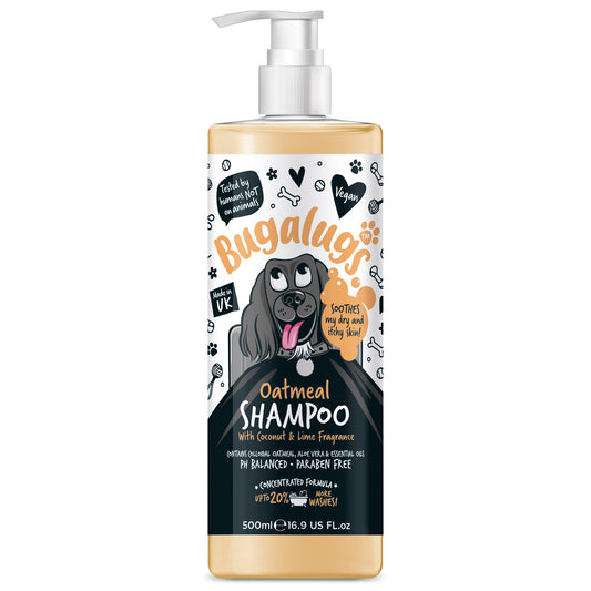 A bottle of Bugalugs Oatmeal Sensitive Dog Shampoo with a label featuring a cartoon dog and text, indicating the product is for sensitive skin with coconut and lime scent.