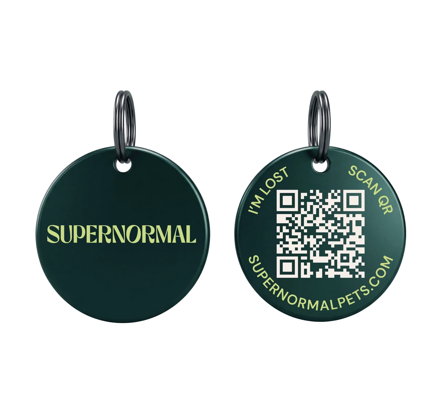 Supernormal PawTag Smart QR Pet Tag showing front and back with QR code