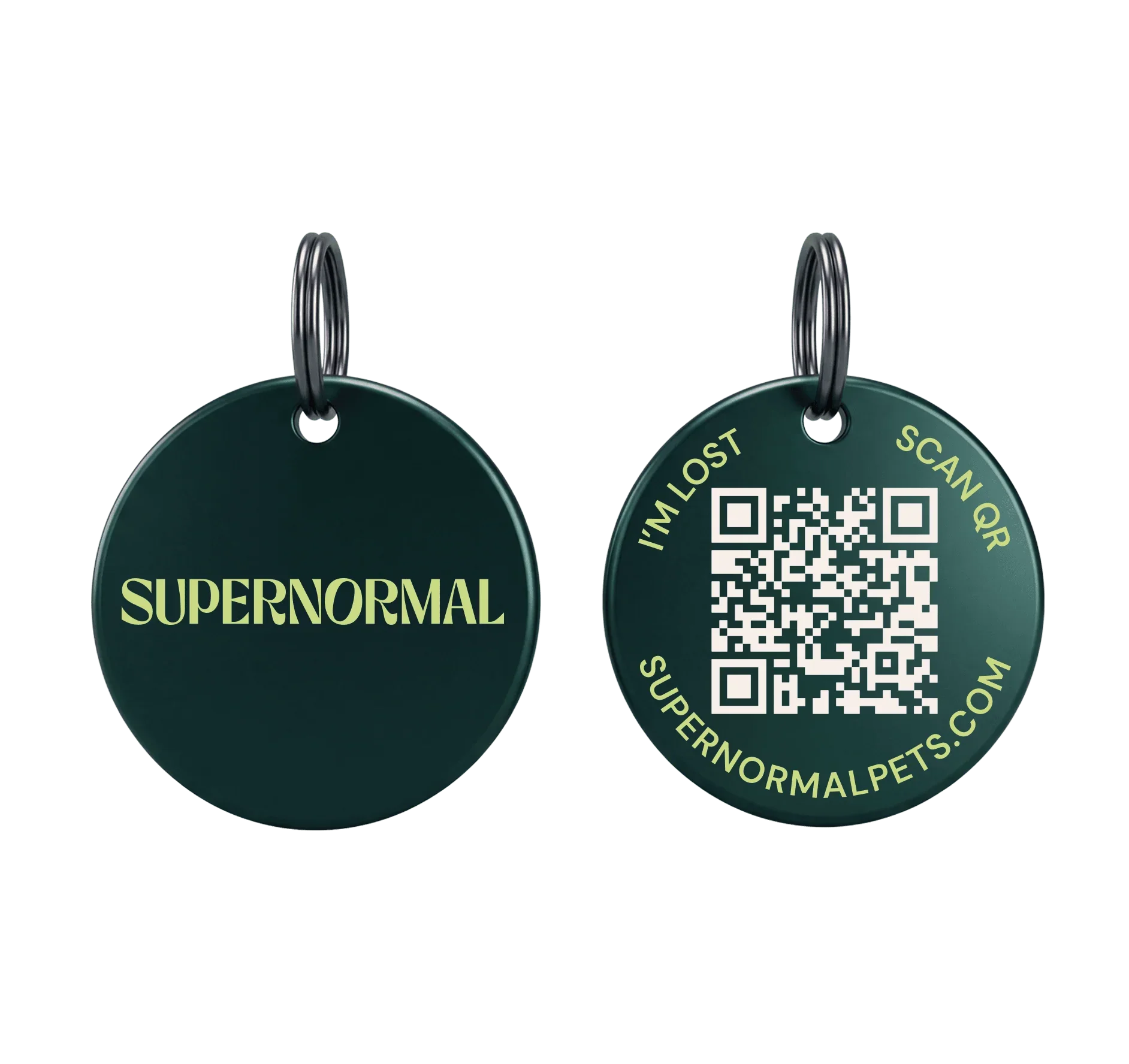 Supernormal PawTag Smart QR Pet Tag showing front and back with QR code