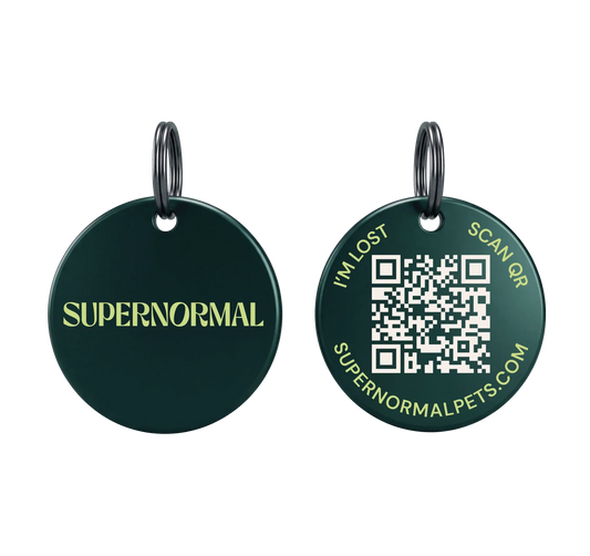 Supernormal PawTag Smart QR Pet Tag showing front and back with QR code
