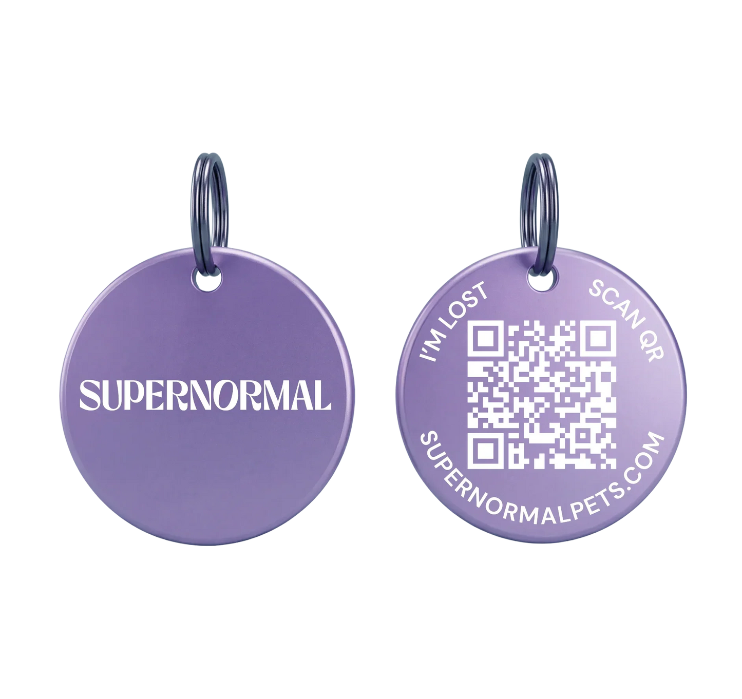 Lilac Supernormal PawTag Smart QR Pet Tag showing front and back with QR code