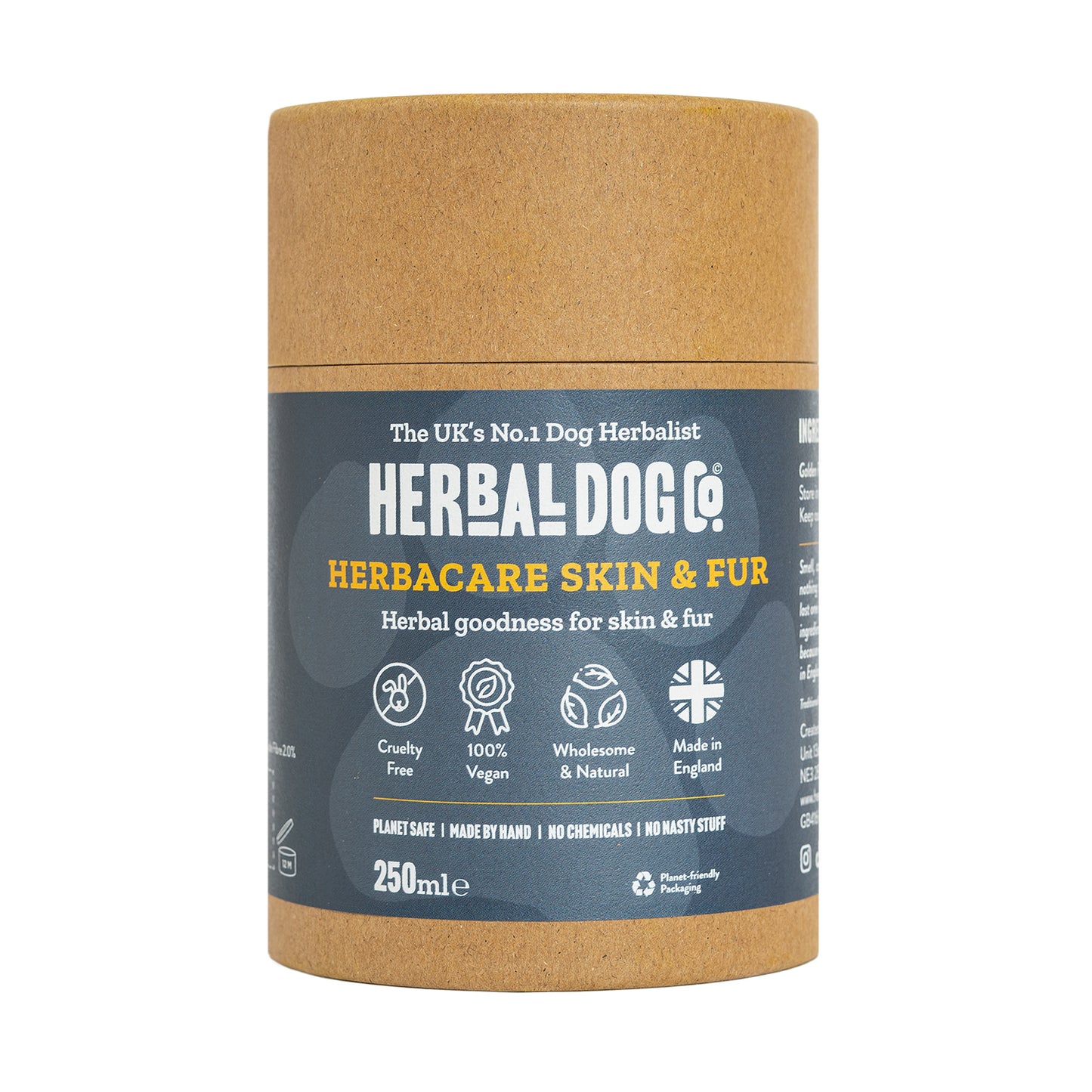 A tub of herbacare skin and fur dog supplements by Herbal Dog Co. on an all white background.